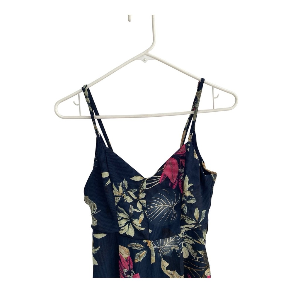 Luxxel Navy Blue Tropical Floral Wide Leg Jumpsuit Small V-Neck Spaghetti Strap - Picture 3 of 8